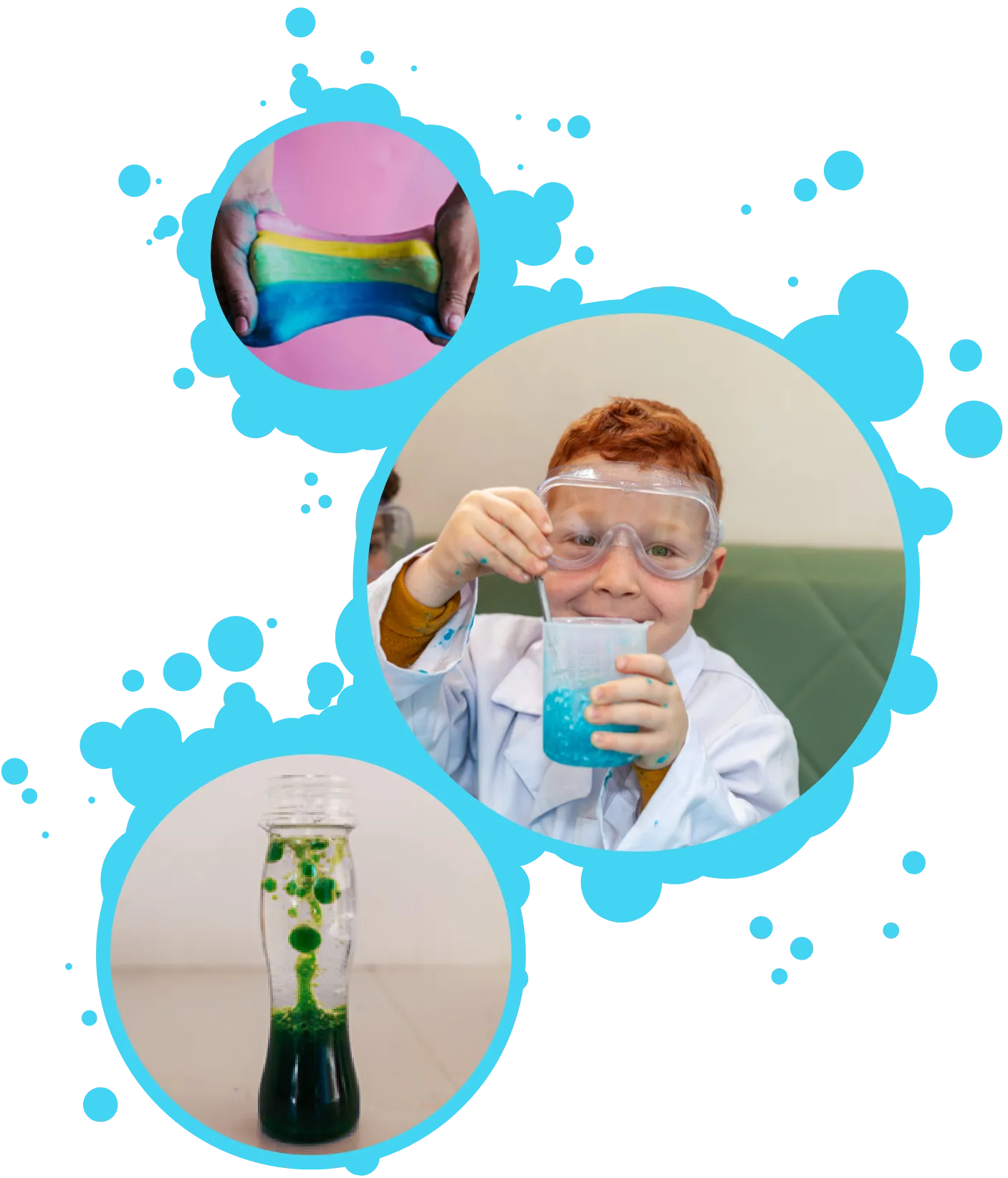 slime, lava lamp and a kid mixing an experiment.