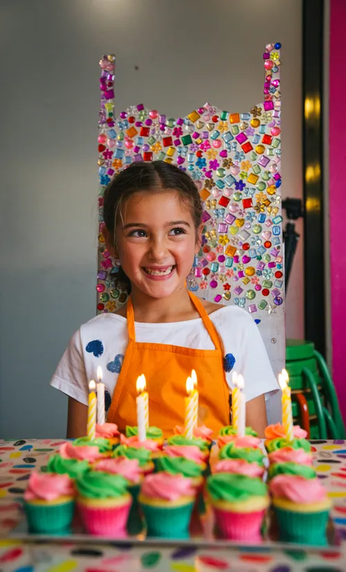 Kid smiling in front of a birthda cake