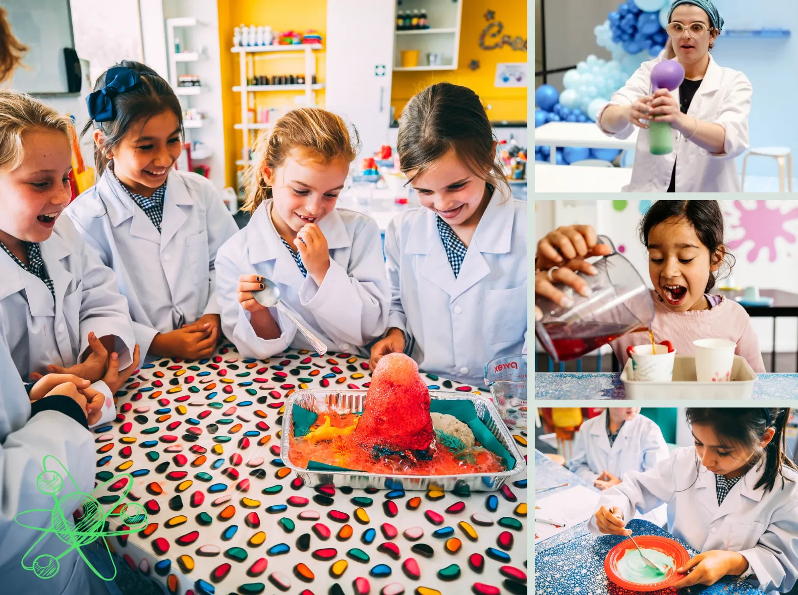 Kids in lab coats gathered around